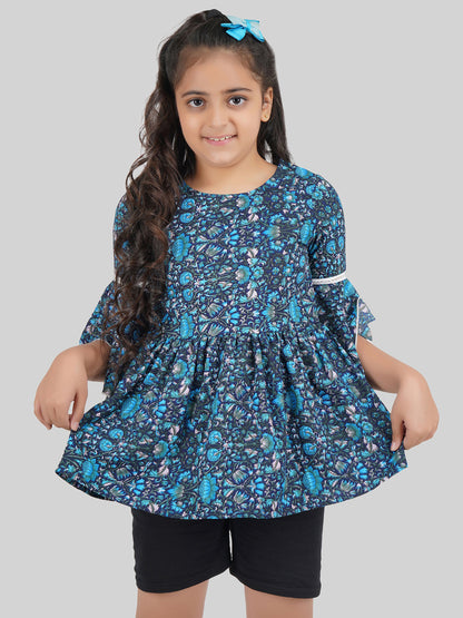 Girls Floral Printed Bell Sleeve Peplum Top
