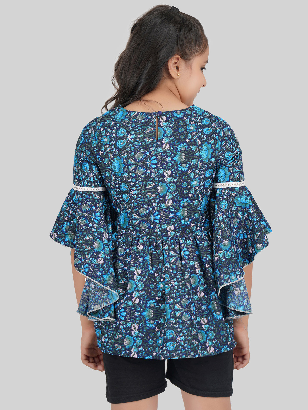 Girls Floral Printed Bell Sleeve Peplum Top