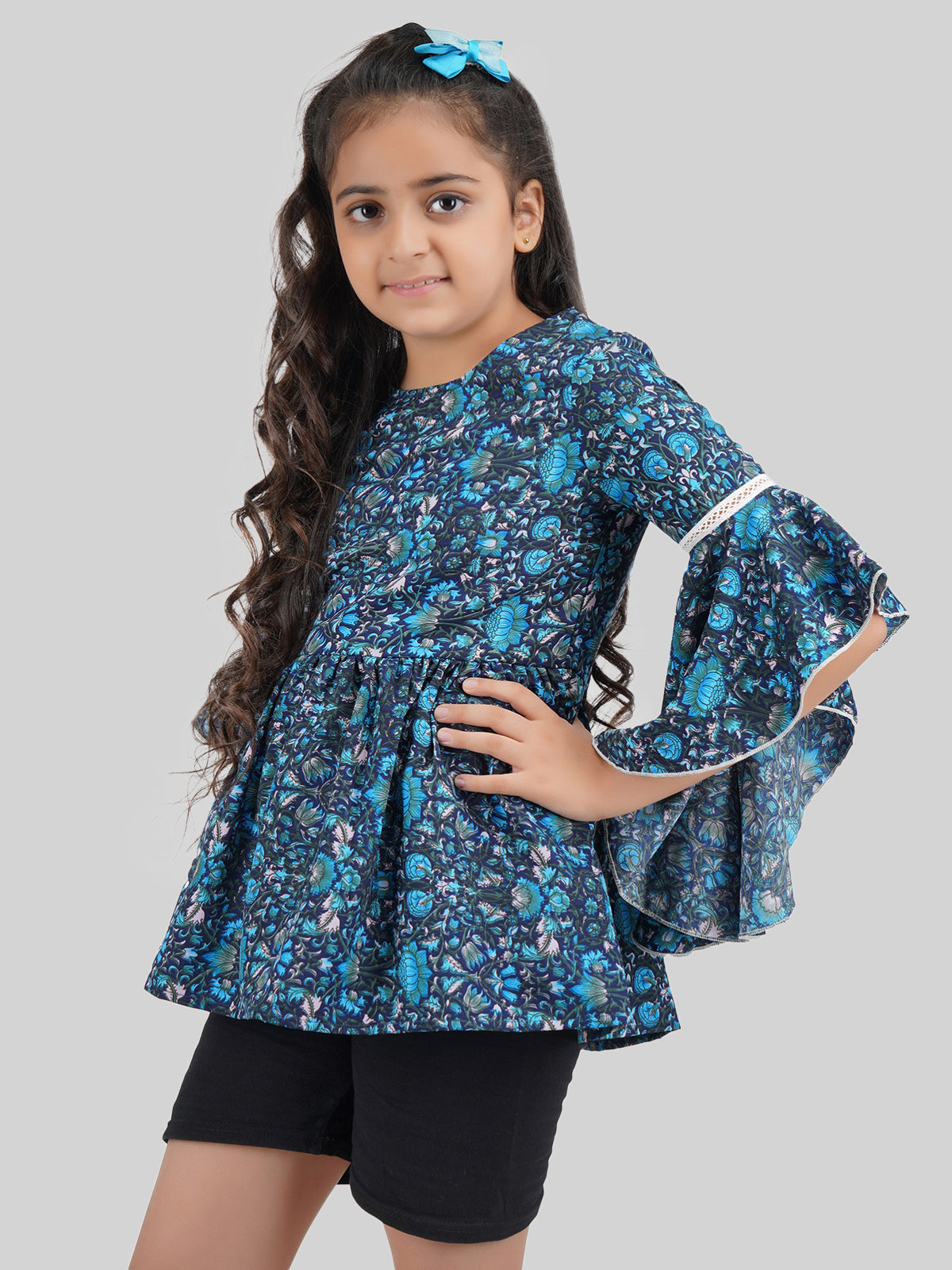 Girls Floral Printed Bell Sleeve Peplum Top
