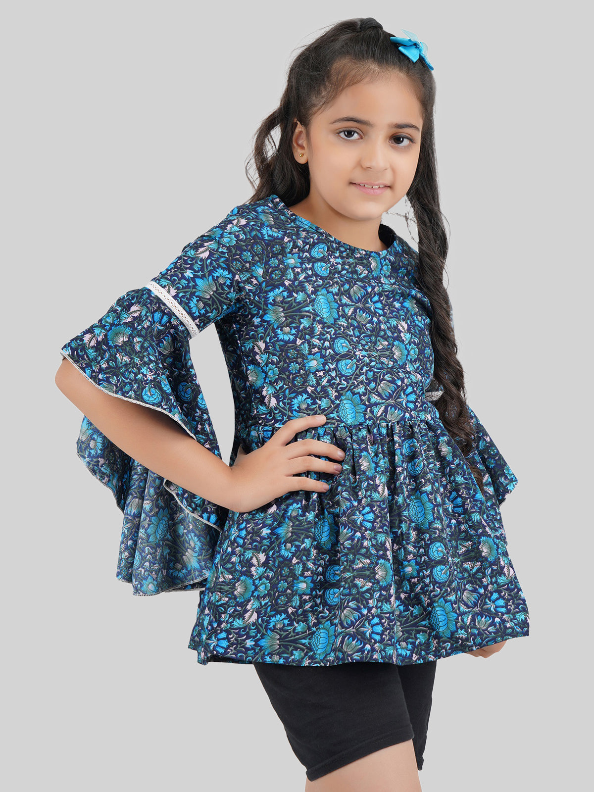 Girls Floral Printed Bell Sleeve Peplum Top