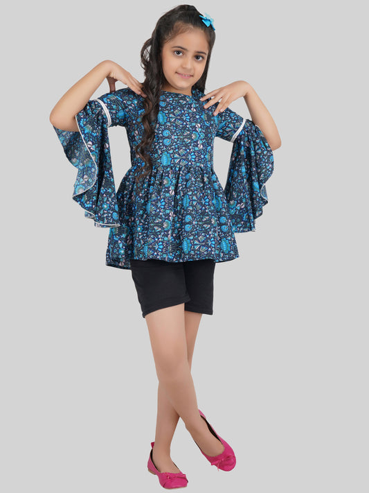 Girls Floral Printed Bell Sleeve Peplum Top