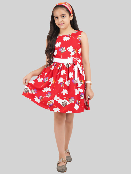 Girls Floral Print Crepe Fit & Flare Dress