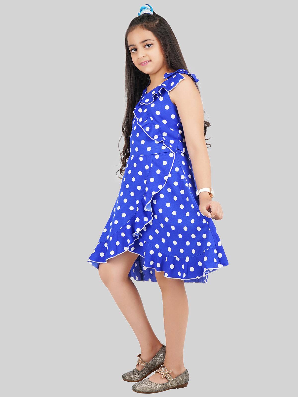Girls Polka Dot Printed Ruffled Fit & Flare Dress