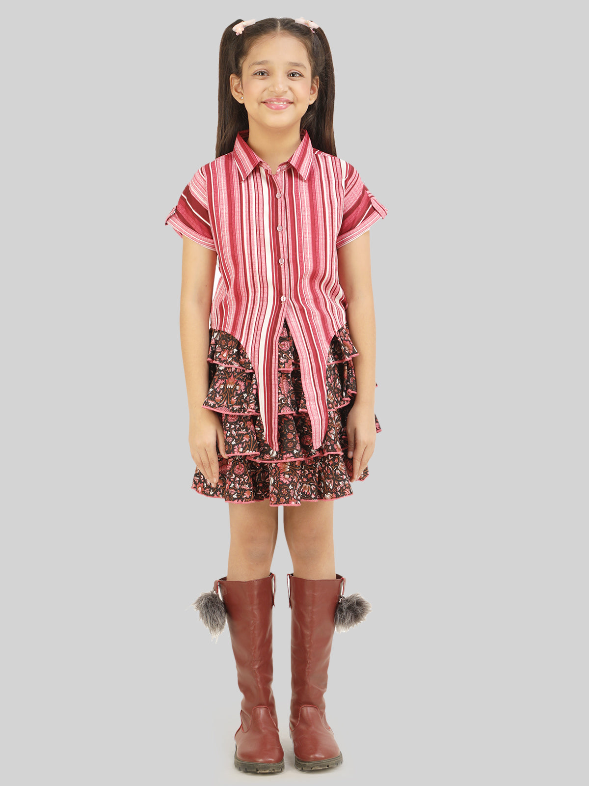 Girls Printed Shirt & Skirt Co-Ord Set