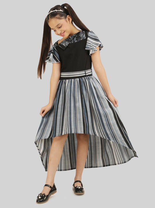 Girls Striped Crepe Fit & Flare Midi Dress