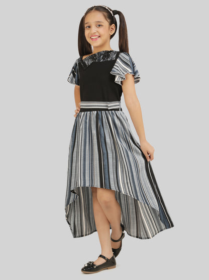 Girls Striped Crepe Fit & Flare Midi Dress