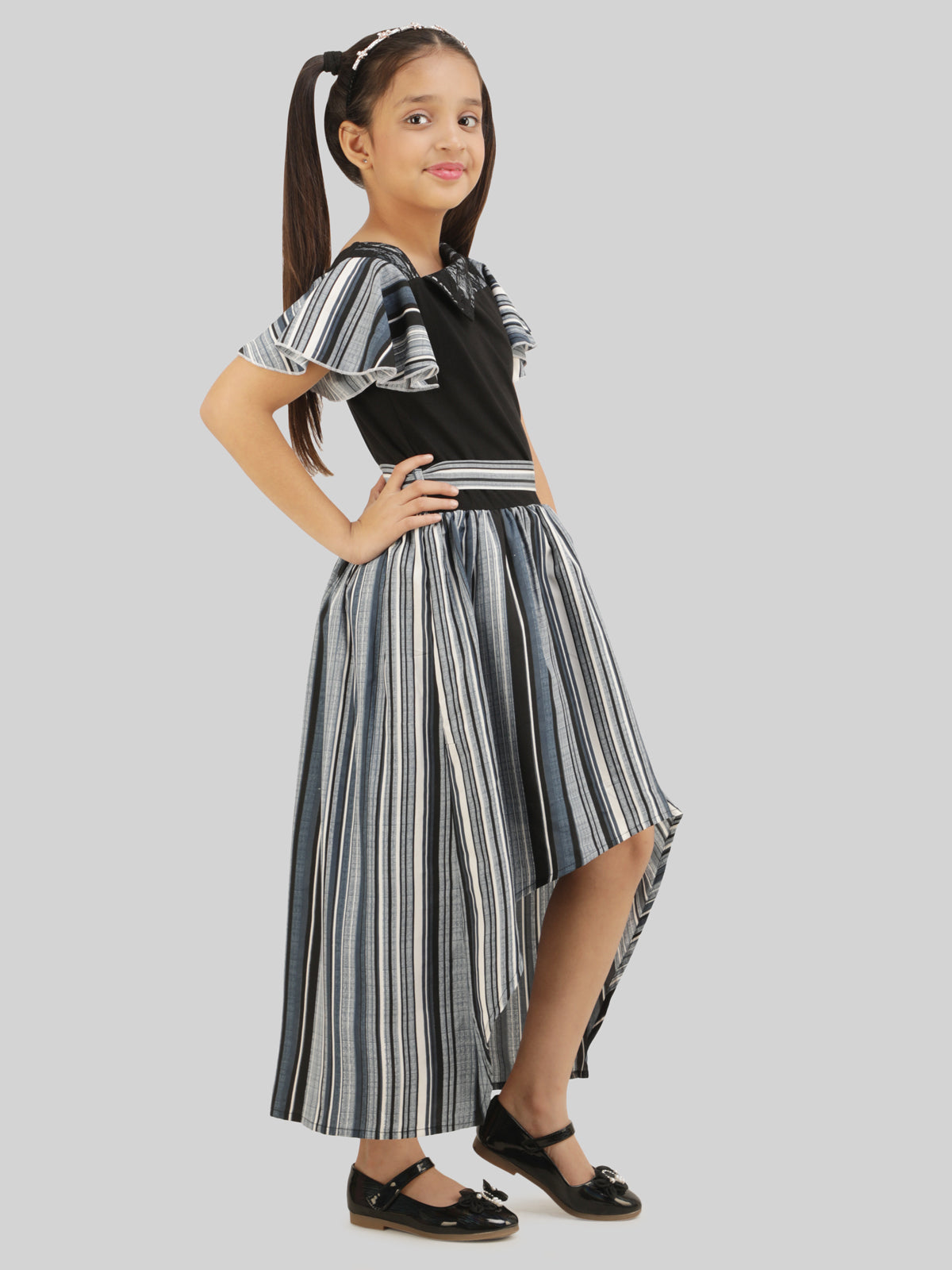 Girls Striped Crepe Fit & Flare Midi Dress