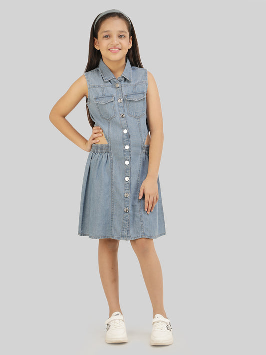 Girls Denim Shirt Collar Cut-Out Pocket-Detailing Shirt Dress