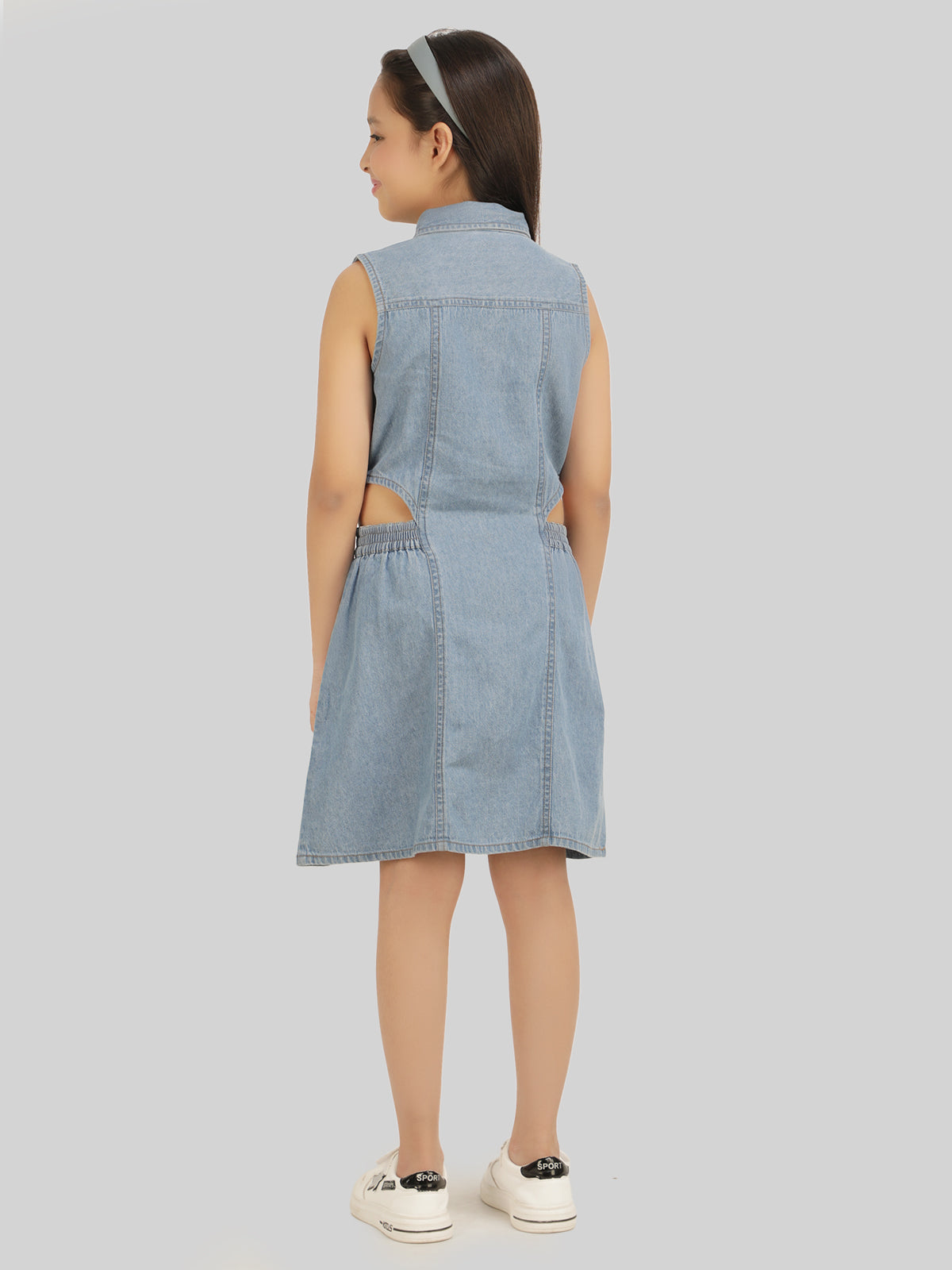 Girls Denim Shirt Collar Cut-Out Pocket-Detailing Shirt Dress