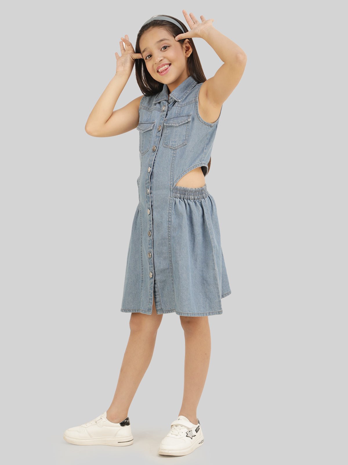 Girls Denim Shirt Collar Cut-Out Pocket-Detailing Shirt Dress