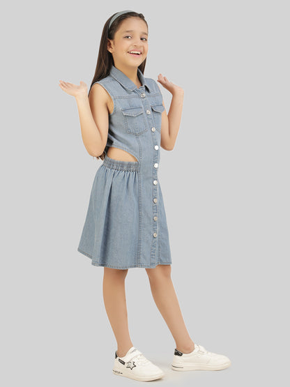 Girls Denim Shirt Collar Cut-Out Pocket-Detailing Shirt Dress