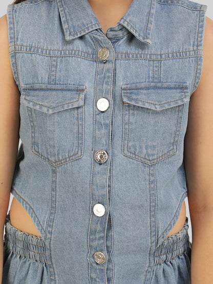 Girls Denim Shirt Collar Cut-Out Pocket-Detailing Shirt Dress