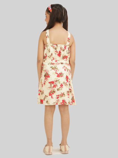 Girls Floral Printed Halter Neck Appliqué A-Line Dress