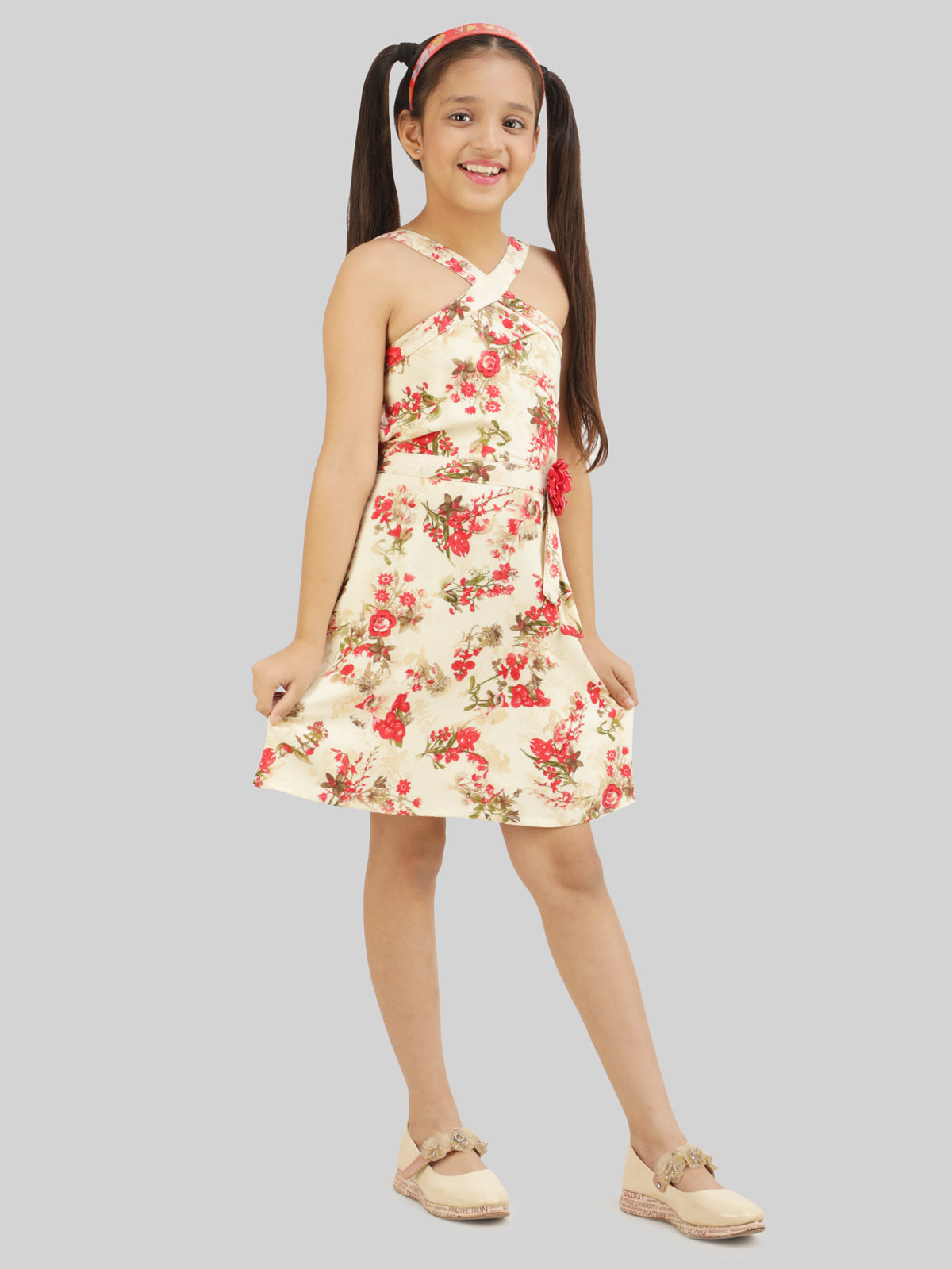 Girls Floral Printed Halter Neck Appliqué A-Line Dress