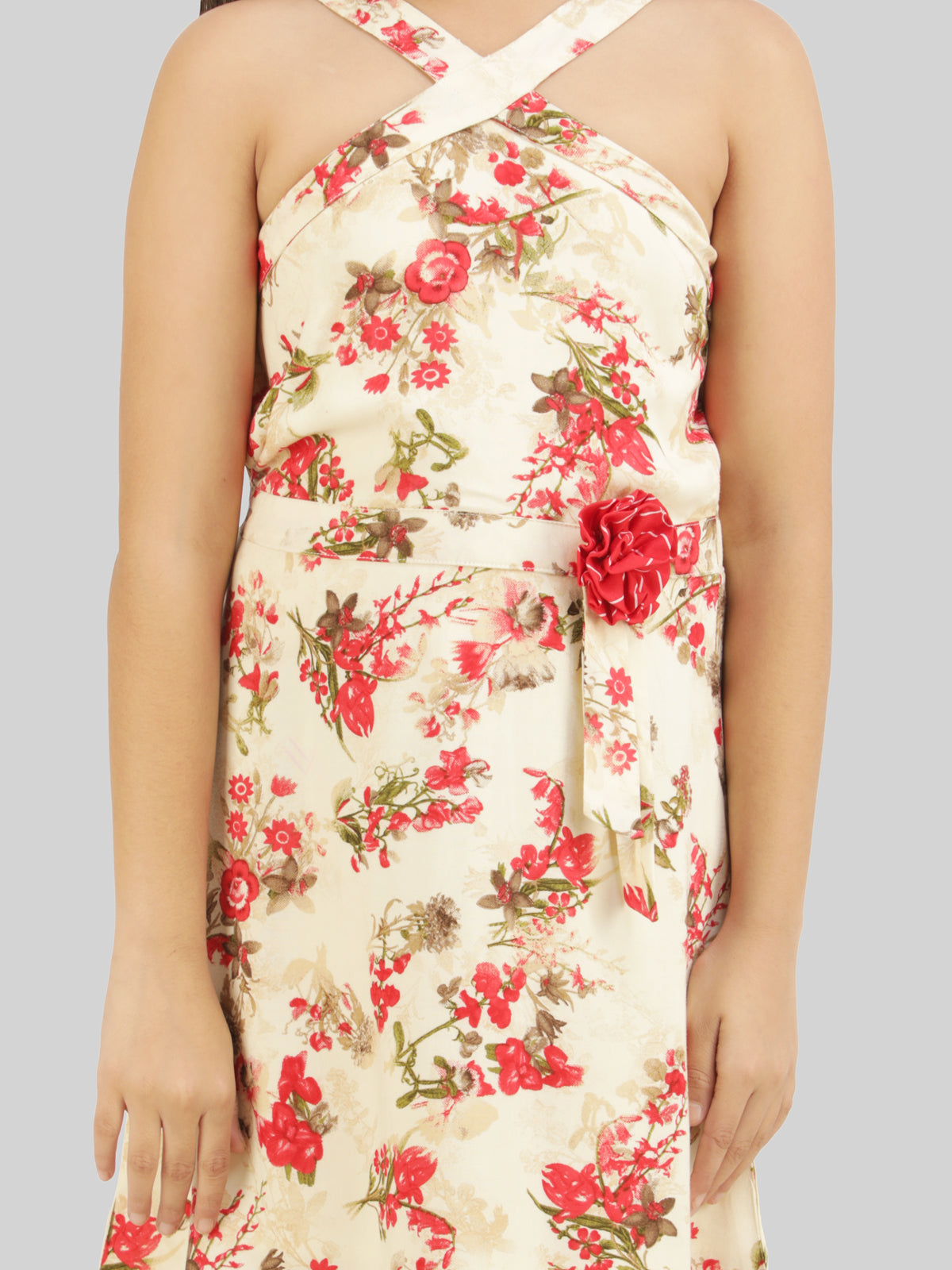 Girls Floral Printed Halter Neck Appliqué A-Line Dress