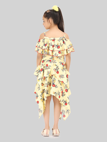 Girls Floral Print Cold-Shoulder Fit & Flare Midi Dress