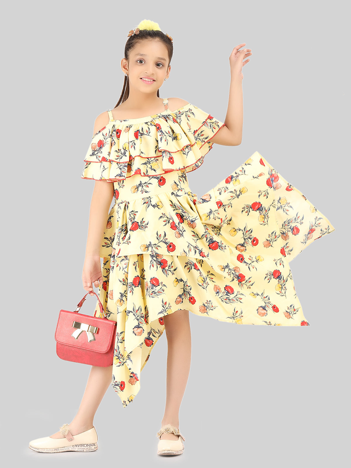 Girls Floral Print Cold-Shoulder Fit & Flare Midi Dress