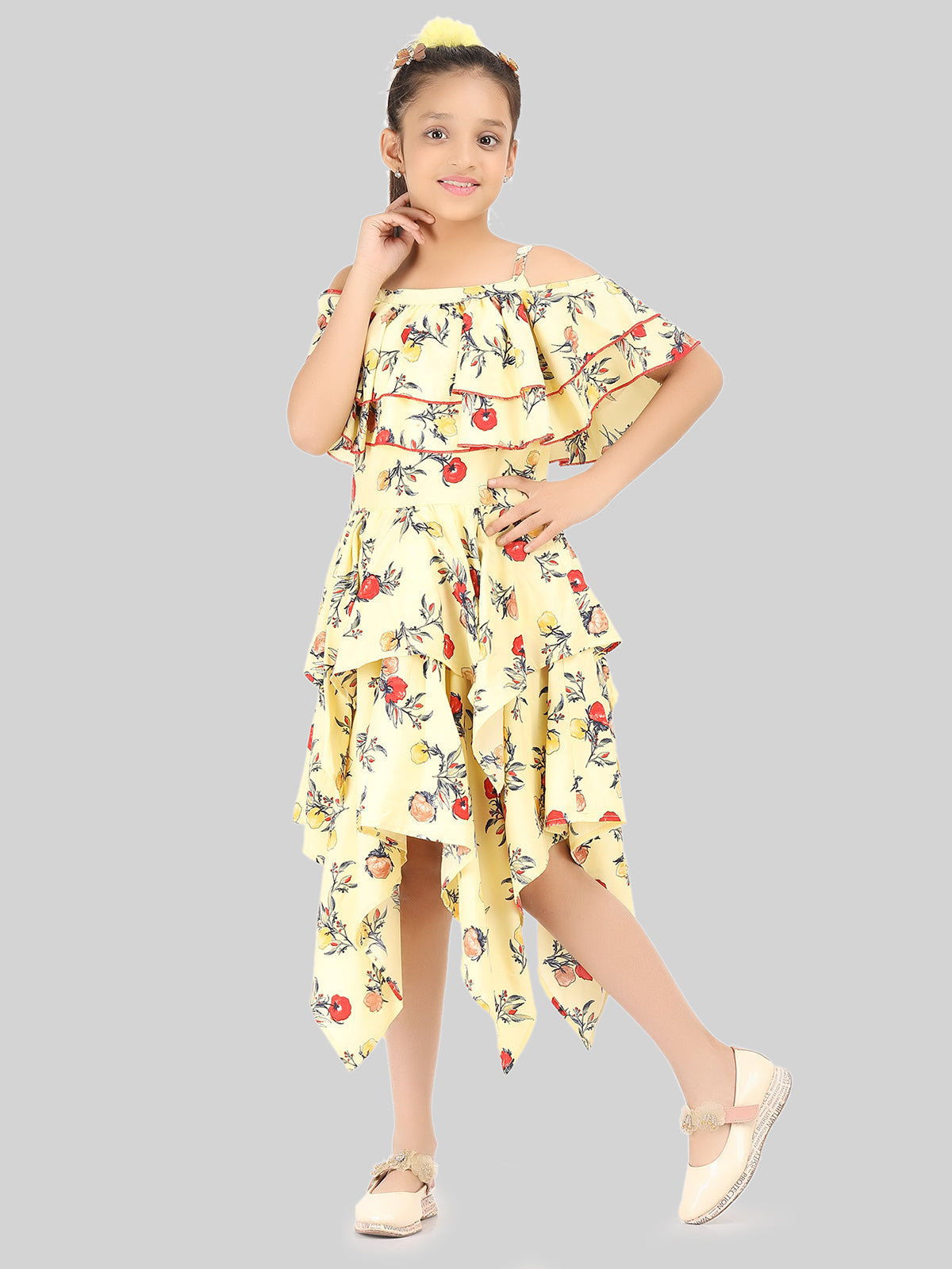 Girls Floral Print Cold-Shoulder Fit & Flare Midi Dress
