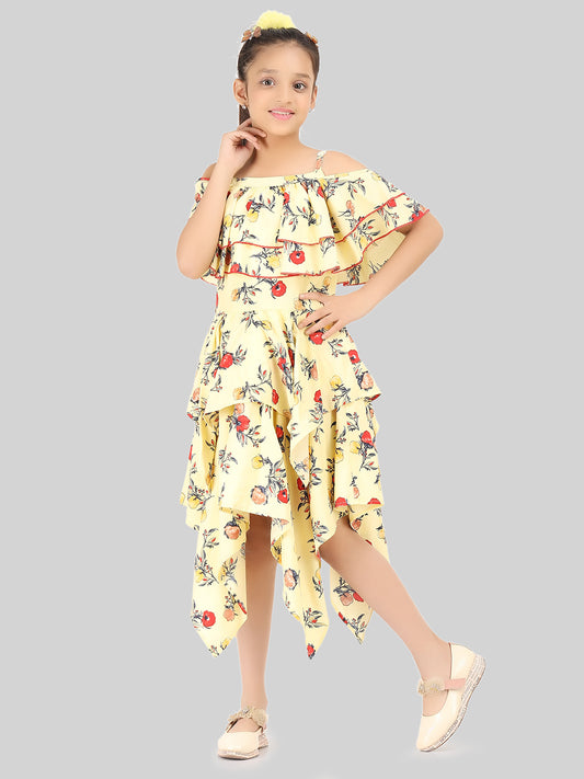 Girls Floral Print Cold-Shoulder Fit & Flare Midi Dress