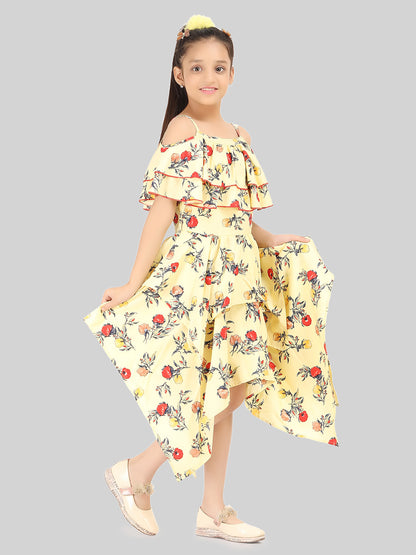 Girls Floral Print Cold-Shoulder Fit & Flare Midi Dress