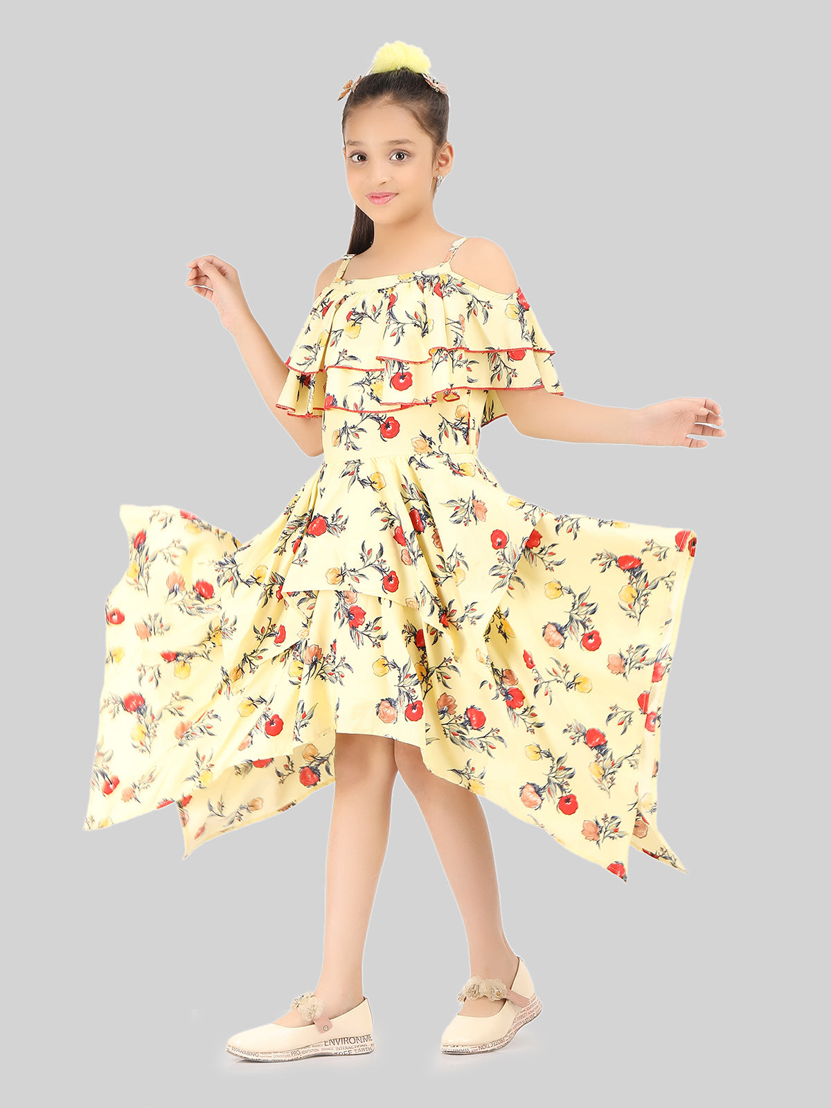 Girls Floral Print Cold-Shoulder Fit & Flare Midi Dress