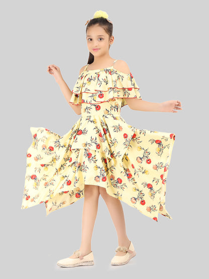 Girls Floral Print Cold-Shoulder Fit & Flare Midi Dress