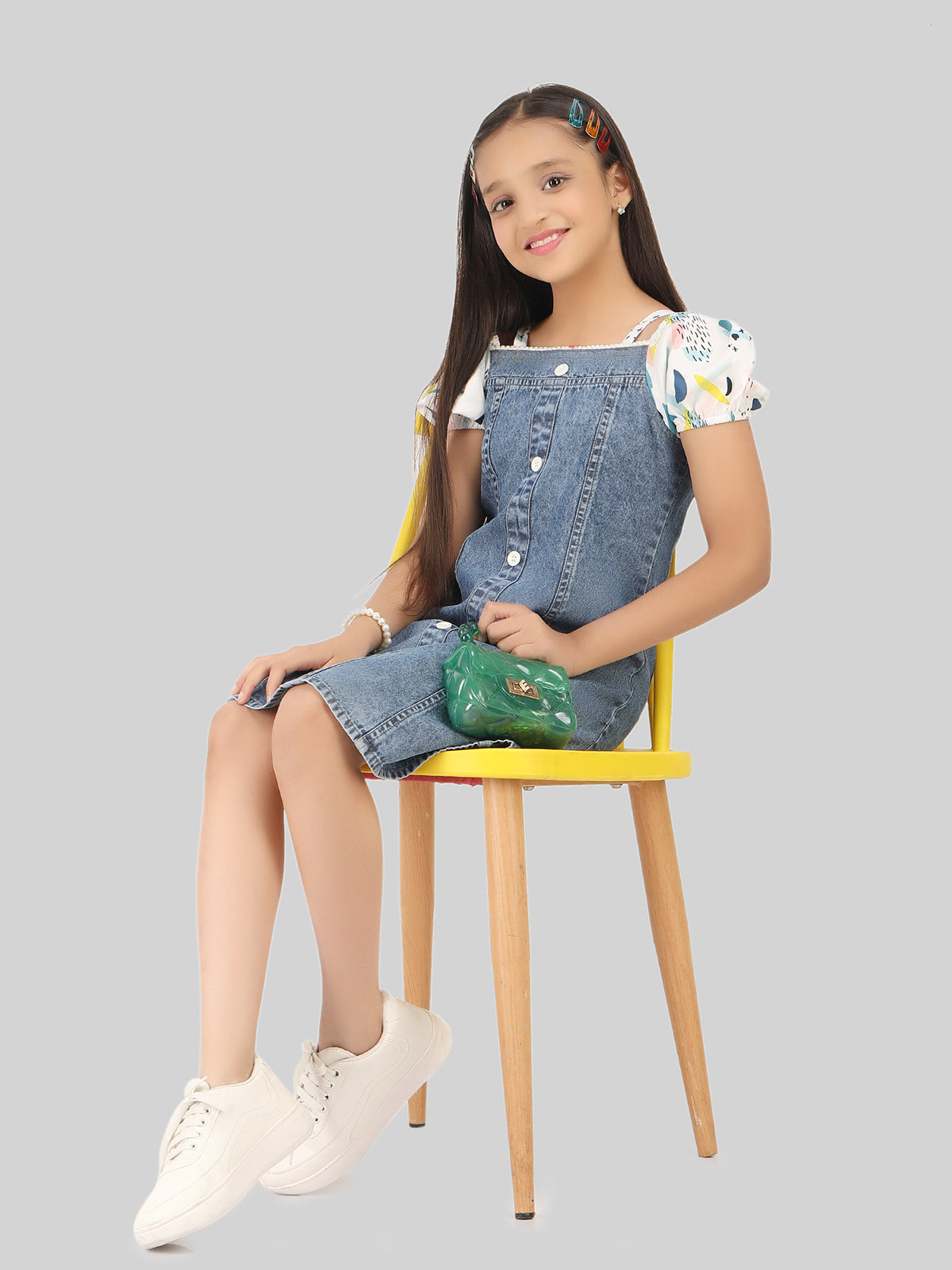 Girls Denim Cotton Puff Sleeve A-Line Dress