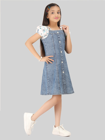 Girls Denim Cotton Puff Sleeve A-Line Dress