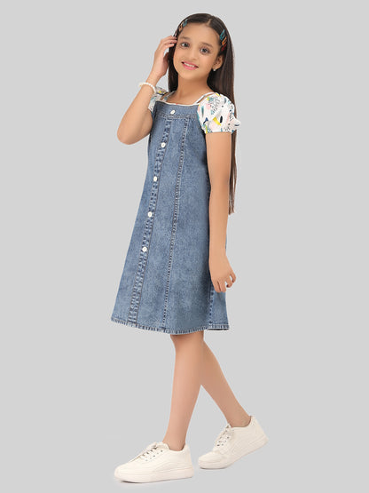 Girls Denim Cotton Puff Sleeve A-Line Dress