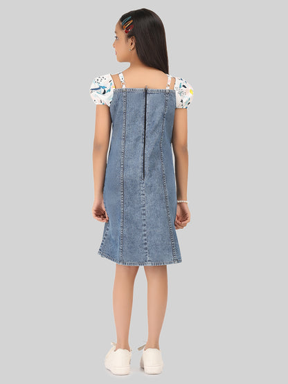 Girls Denim Cotton Puff Sleeve A-Line Dress