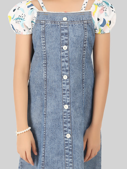 Girls Denim Cotton Puff Sleeve A-Line Dress