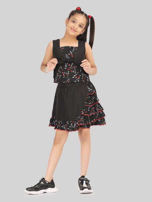 Girls Printed Sleeveless Top & Skirt Co-Ord Set