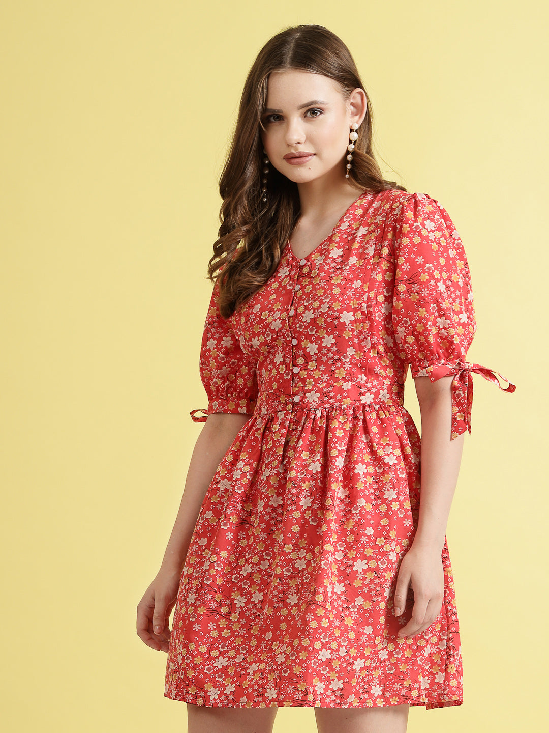 Being Naughty Women Floral Printed Puff Sleeve Fit & Flare Dress