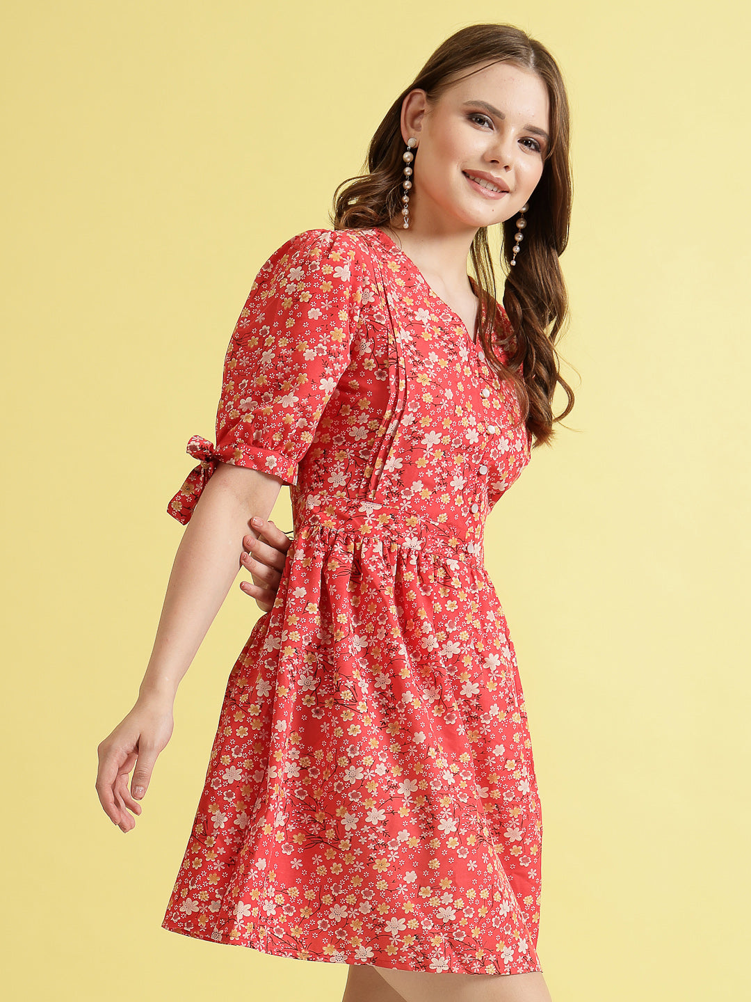 Being Naughty Women Floral Printed Puff Sleeve Fit & Flare Dress