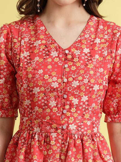 Floral Printed Puff Sleeve Fit & Flare Dress | Being Naughty