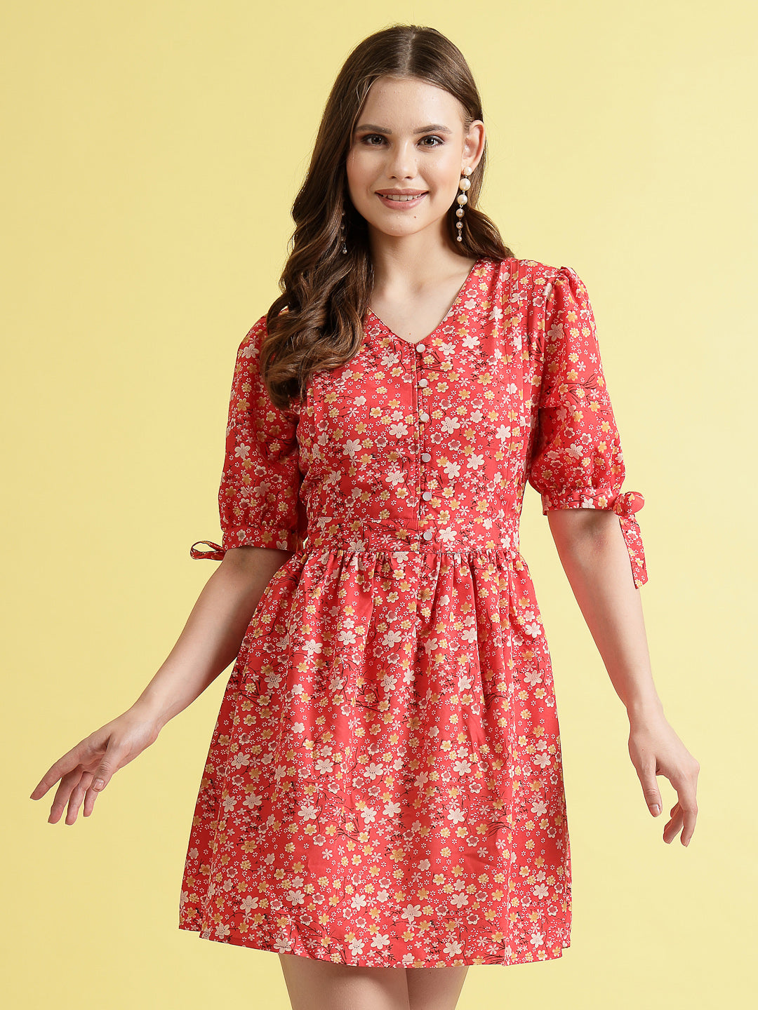 Being Naughty Women Floral Printed Puff Sleeve Fit & Flare Dress