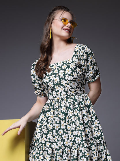 Women’s Floral Print Puff Sleeve Fit & Flare Dress