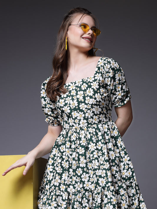 Women’s Floral Print Puff Sleeve Fit & Flare Dress