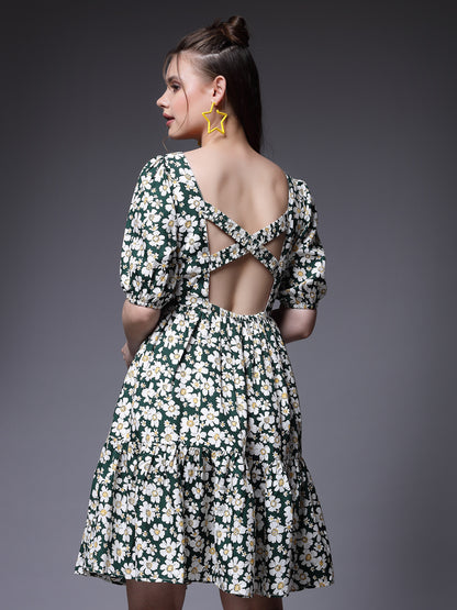 Women’s Floral Print Puff Sleeve Fit & Flare Dress