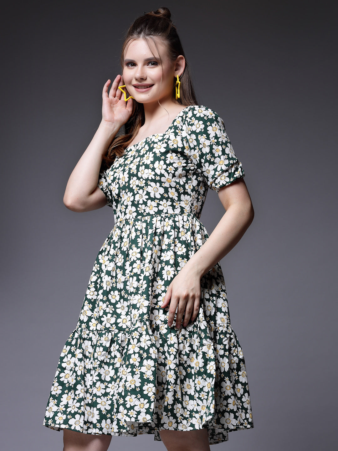 Women’s Floral Print Puff Sleeve Fit & Flare Dress
