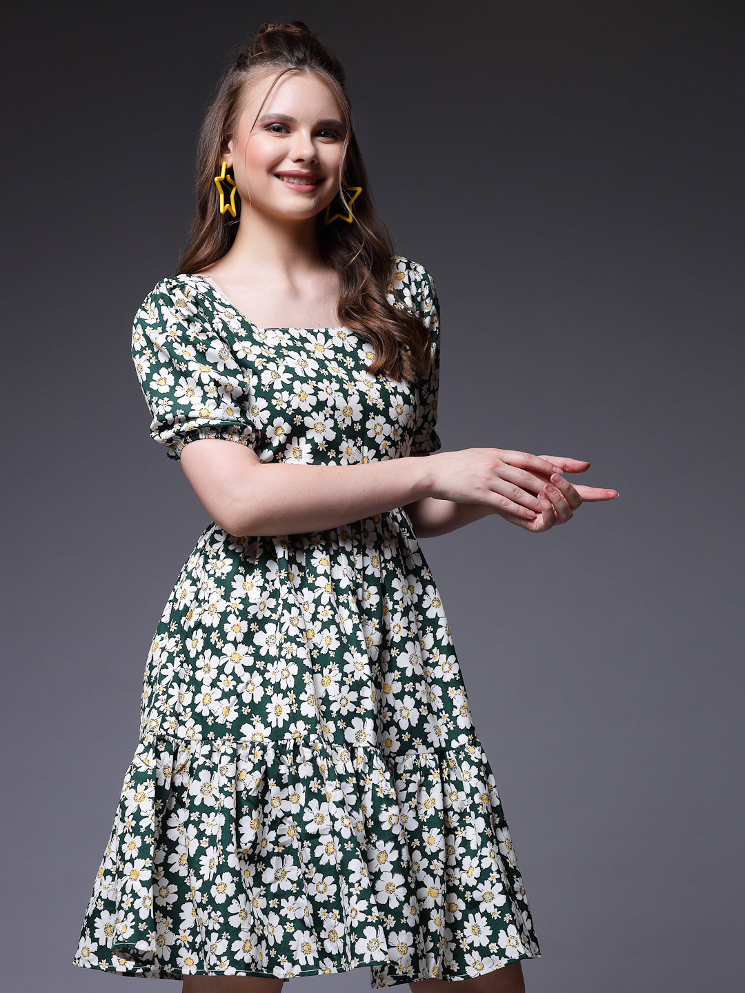 Women’s Floral Print Puff Sleeve Fit & Flare Dress