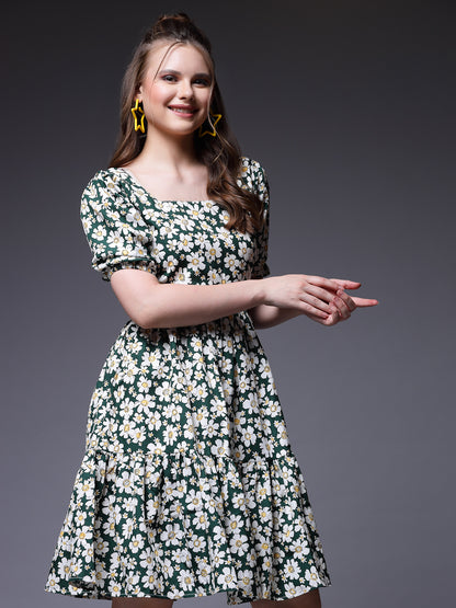 Women’s Floral Print Puff Sleeve Fit & Flare Dress