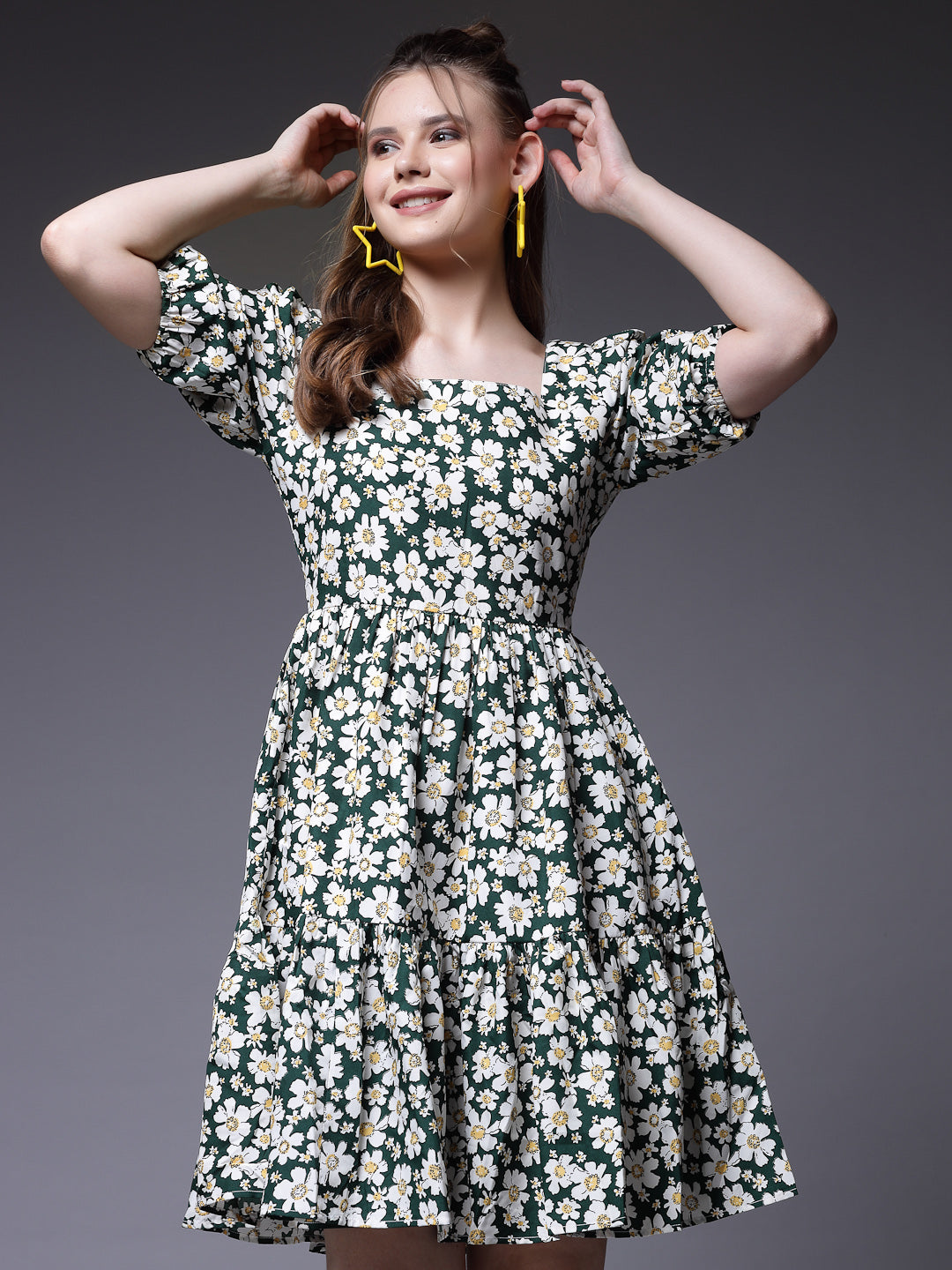 Women’s Floral Print Puff Sleeve Fit & Flare Dress