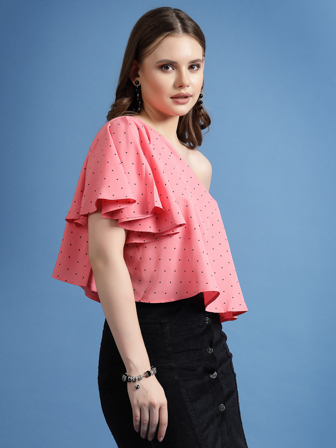 Women’s Polka Dot Printed One-Shoulder Top