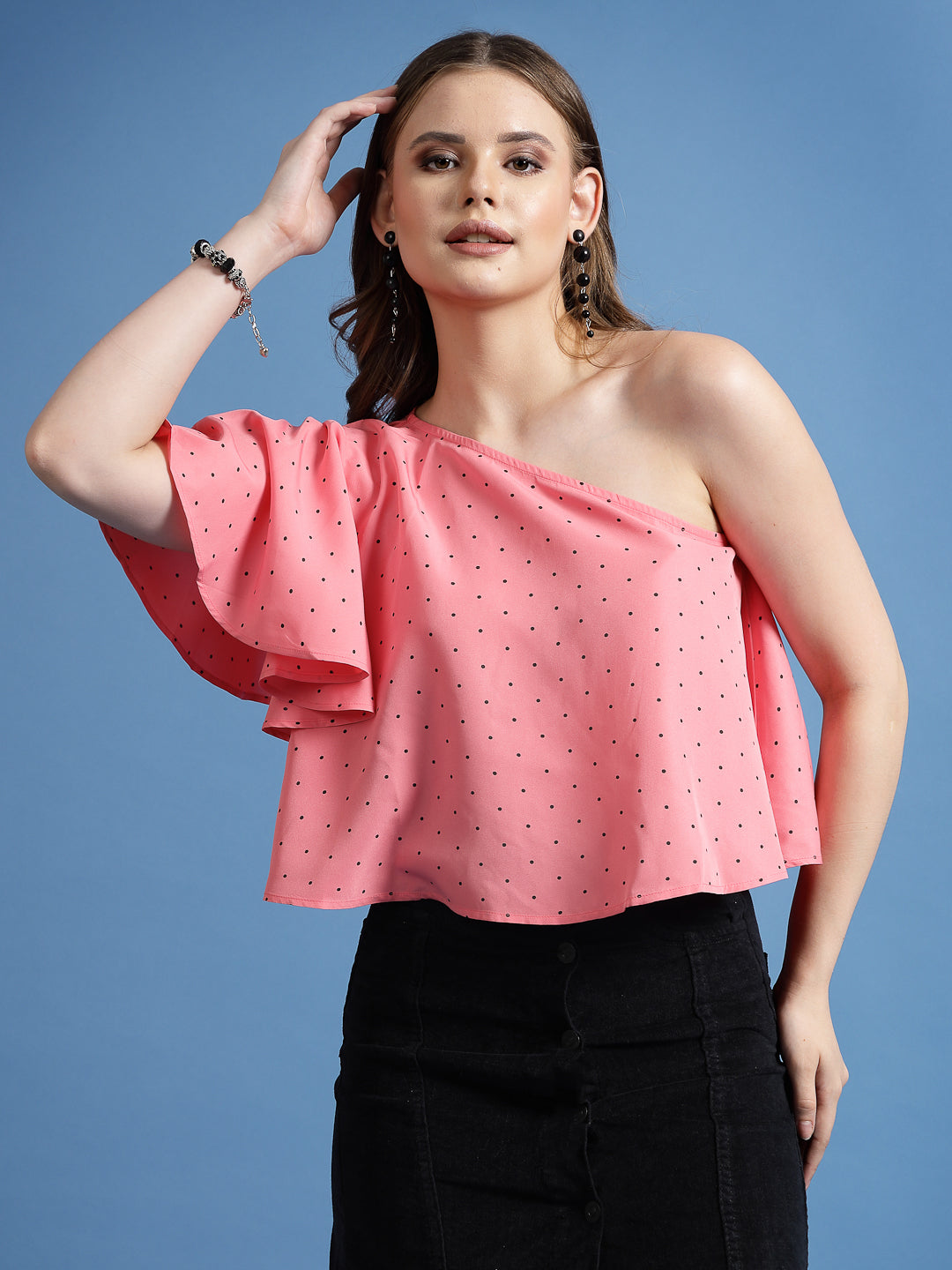 Women’s Polka Dot Printed One-Shoulder Top
