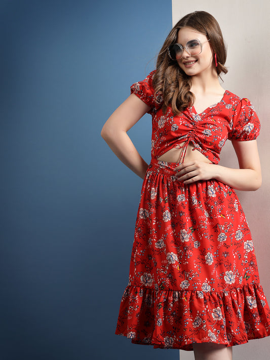 Women’s V-Neck Floral Print Puff Sleeve Fit & Flare Dress