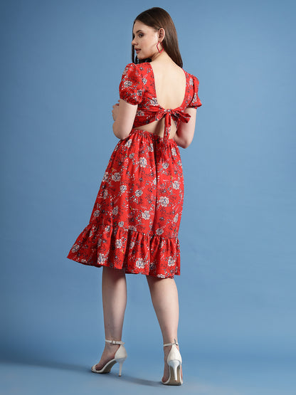 Women’s V-Neck Floral Print Puff Sleeve Fit & Flare Dress