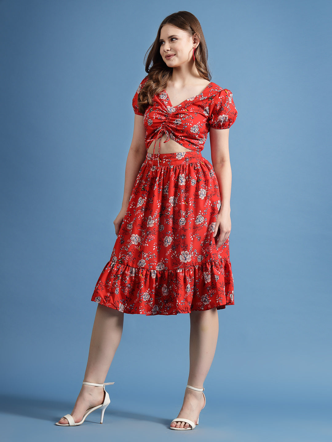 Women’s V-Neck Floral Print Puff Sleeve Fit & Flare Dress