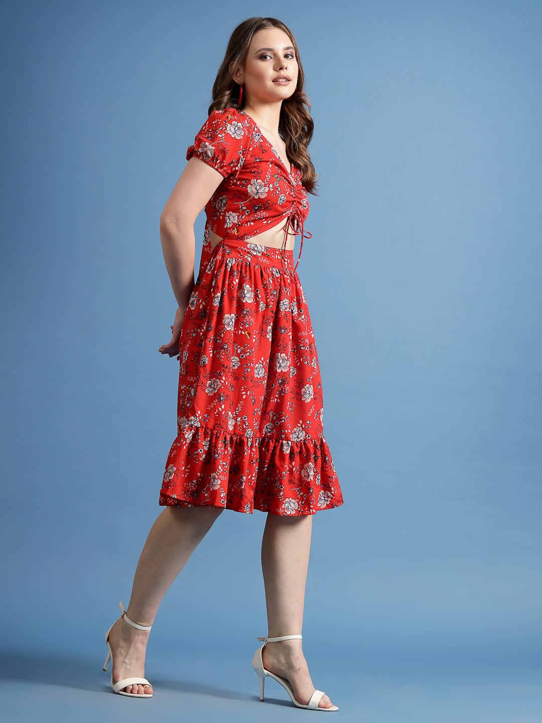 Women’s V-Neck Floral Print Puff Sleeve Fit & Flare Dress