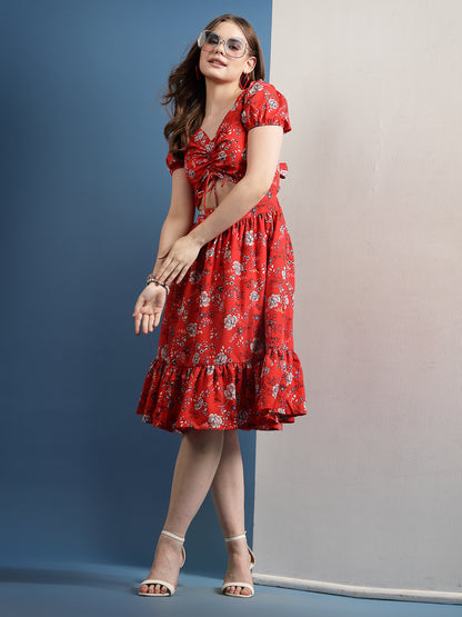 Women’s V-Neck Floral Print Puff Sleeve Fit & Flare Dress